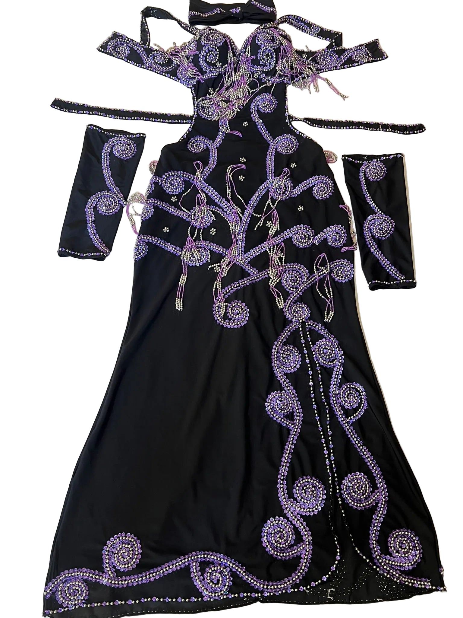 Professional Sexy Custom-Made Belly Dance Costume Belly Dancer one-piece Dress + Arm Pieces + Head piece, Handmade Embellished Dance outfit