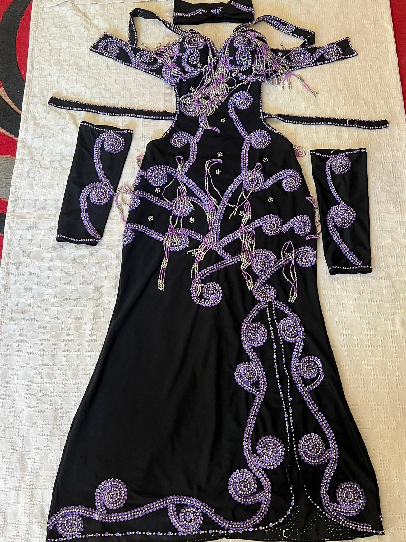 Professional Sexy Custom-Made Belly Dance Costume Belly Dancer one-piece Dress + Arm Pieces + Head piece, Handmade Embellished Dance outfit