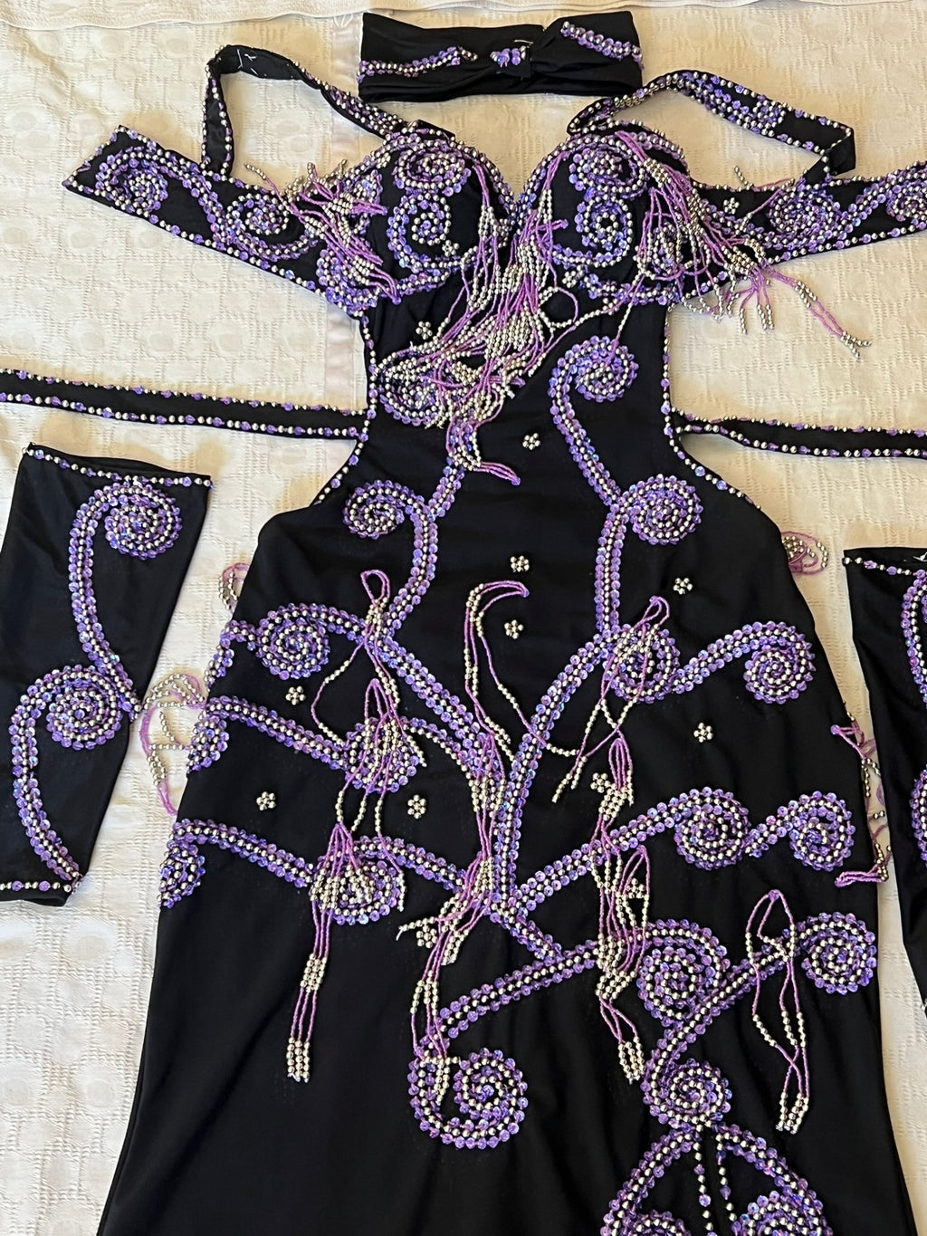 Professional Sexy Custom-Made Belly Dance Costume Belly Dancer one-piece Dress + Arm Pieces + Head piece, Handmade Embellished Dance outfit