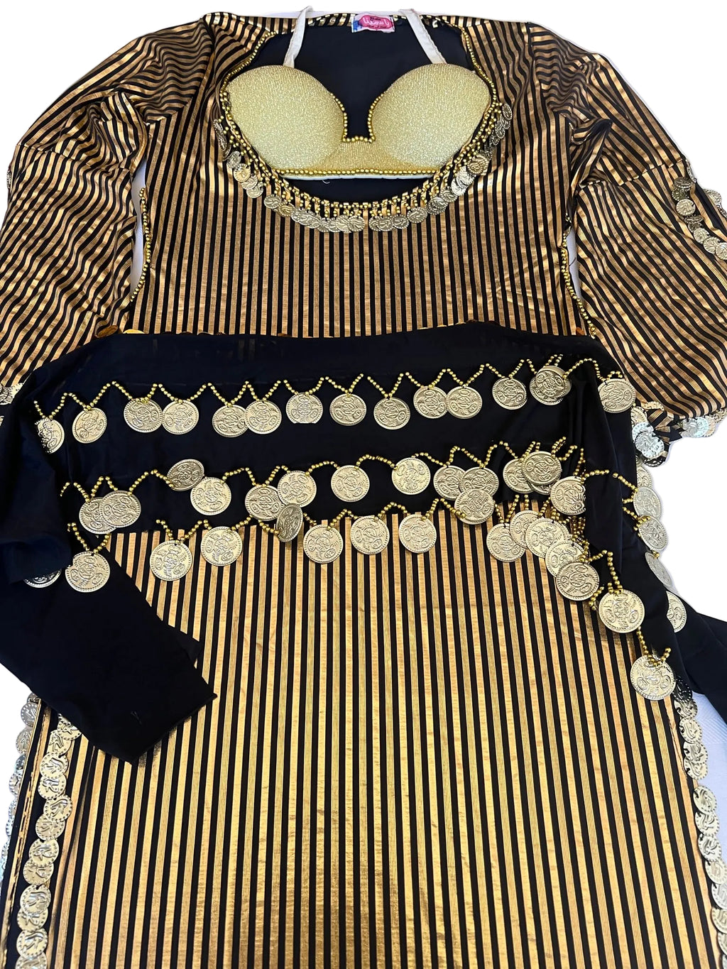 Traditional outfit with gold and black patterns on a white background