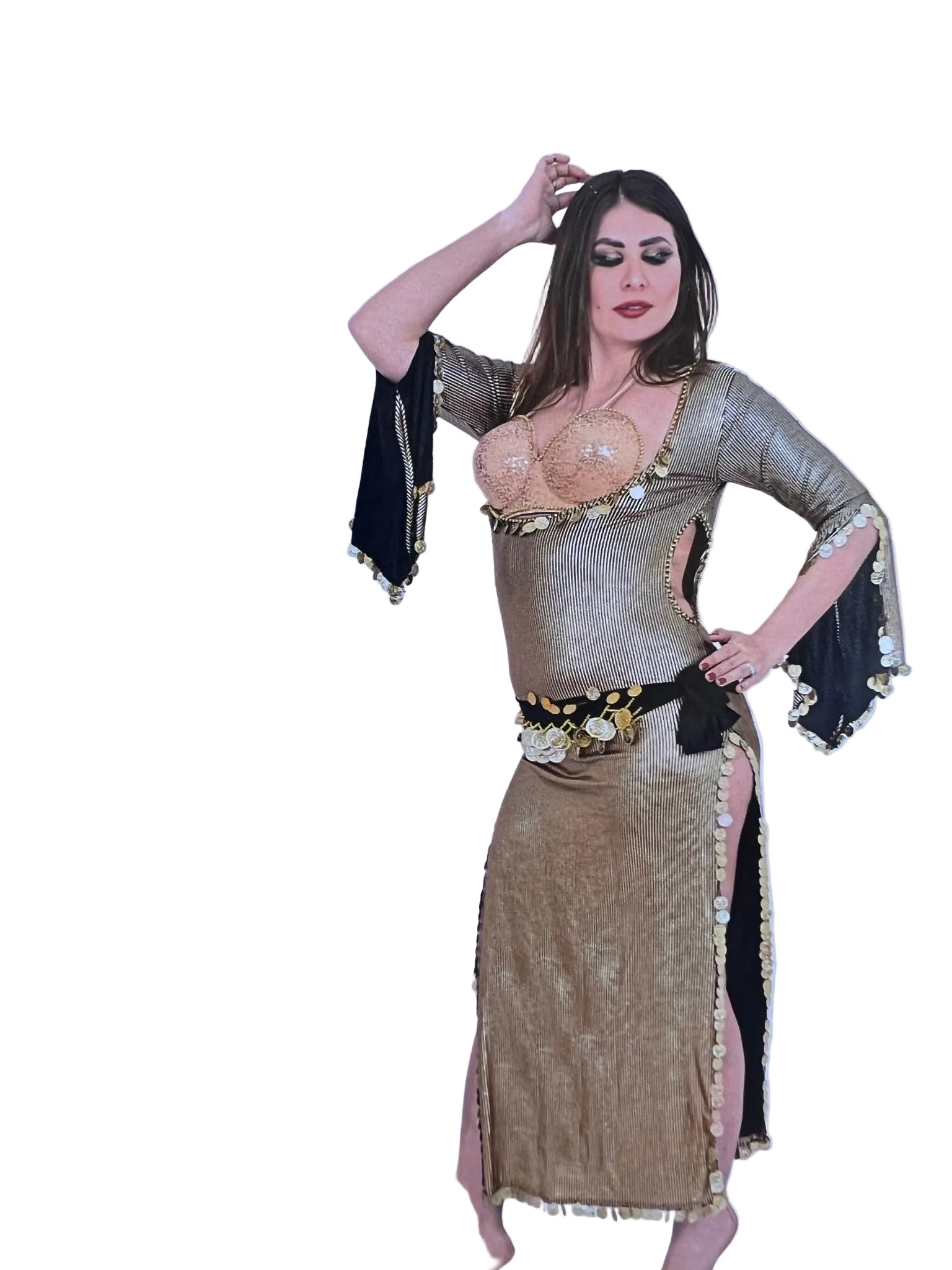 Woman in a gold and black costume on a white background