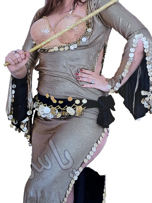 A model wearing an Egyptian Oriental Belly Dance Dress with embellishments and a bracelet, holding a staff accessory.