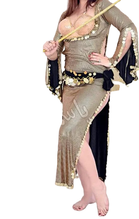 Person wearing a gold and black belly dance costume on a white background