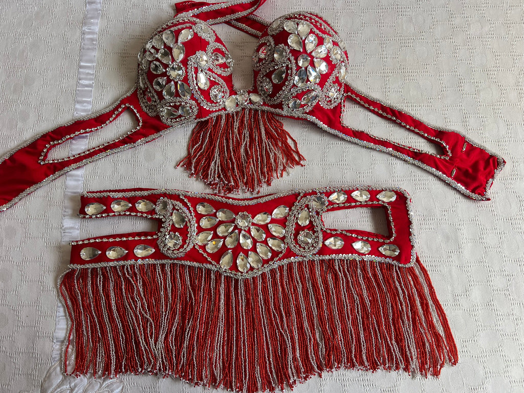 Professional Egyptian Belly Dance Belt & Bra – Hot Red Custom‑Made Embellished Dance Set