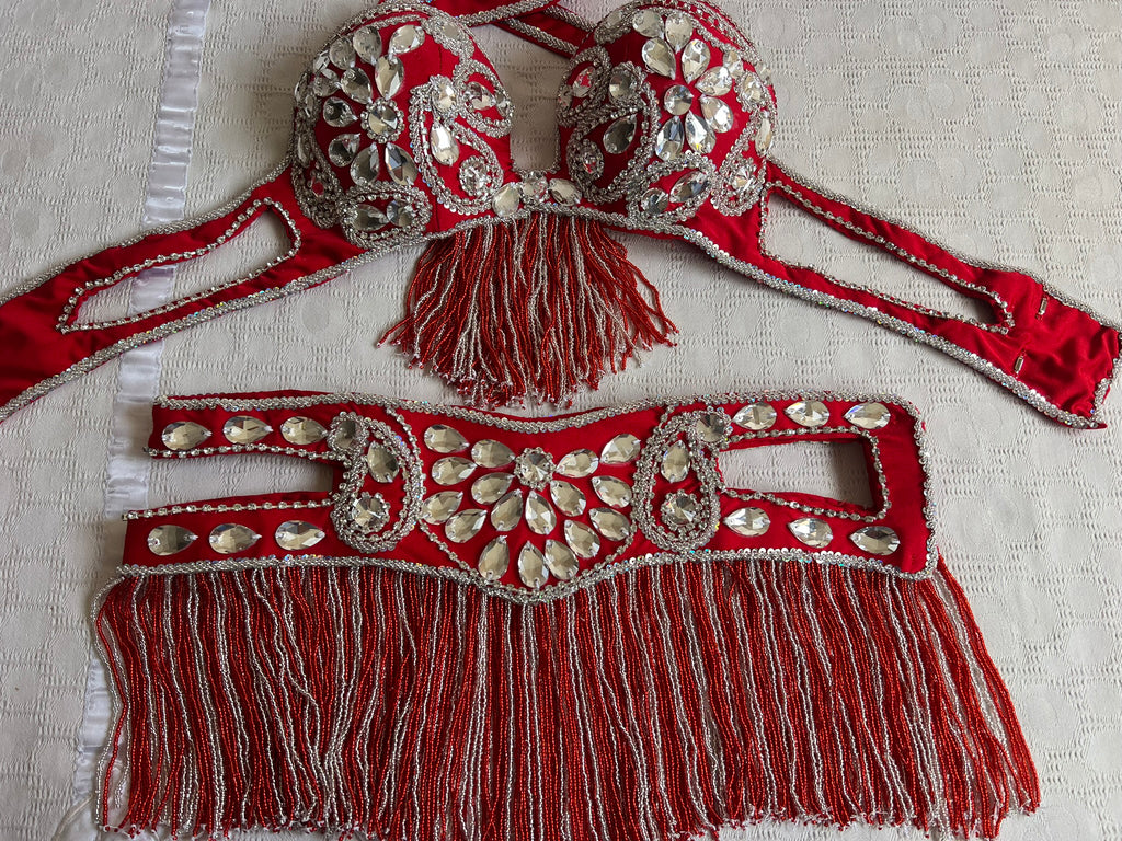 Professional Egyptian Belly Dance Belt & Bra – Hot Red Custom‑Made Embellished Dance Set