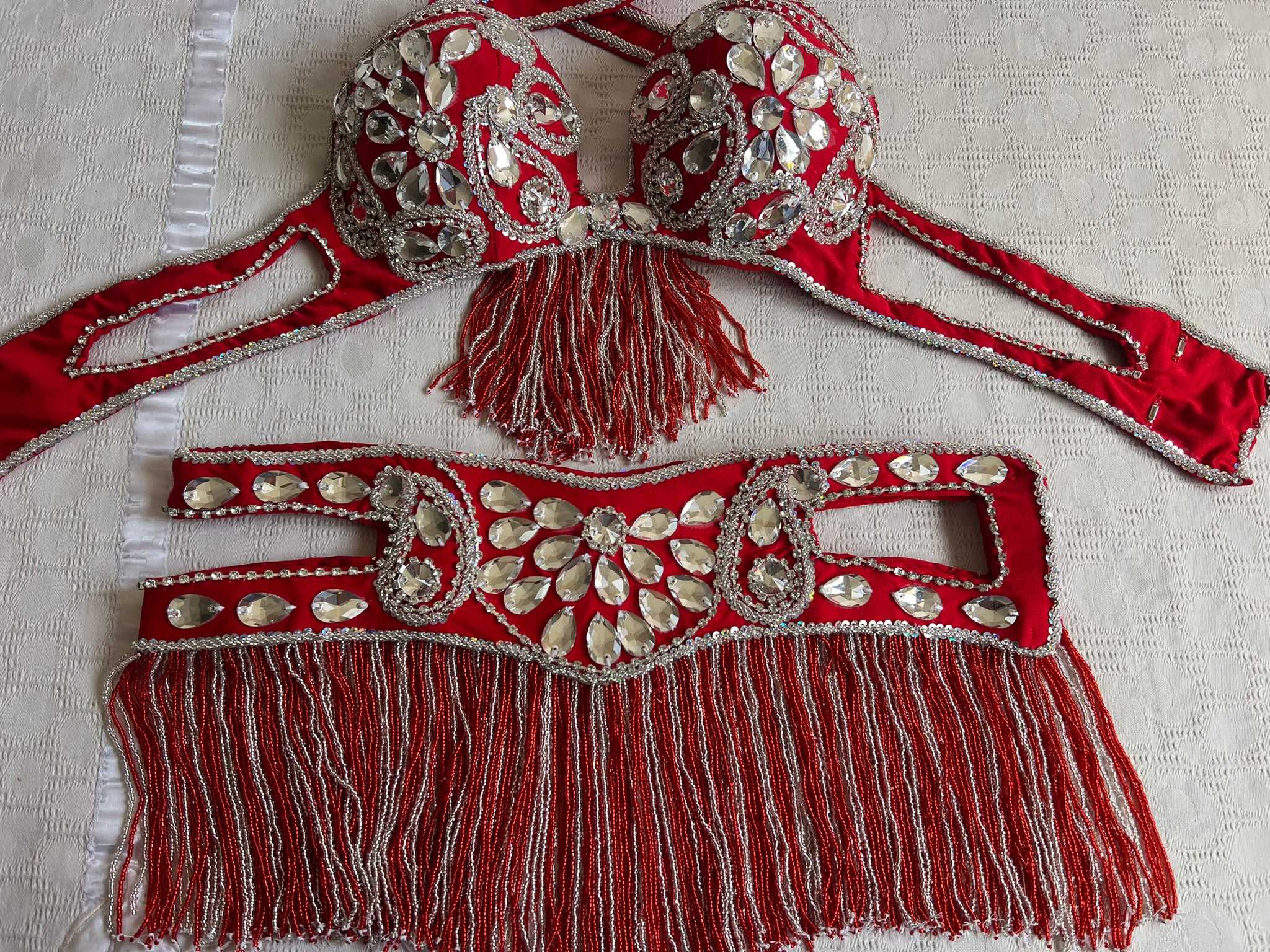 Professional Egyptian Belly Dance Belt and Bra, Hot Red Custom-made Embellished hips belt with matching bra, Luxury Dance Costume Set