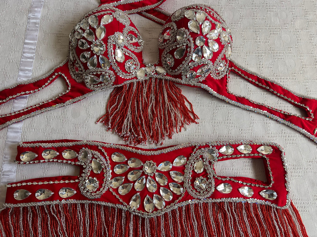 Professional Egyptian Belly Dance Belt & Bra – Hot Red Custom‑Made Embellished Dance Set