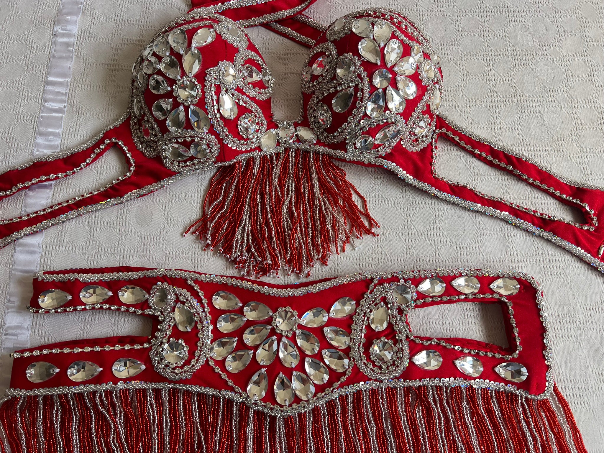 Professional Egyptian Belly Dance Belt and Bra, Hot Red Custom-made Embellished hips belt with matching bra, Luxury Dance Costume Set