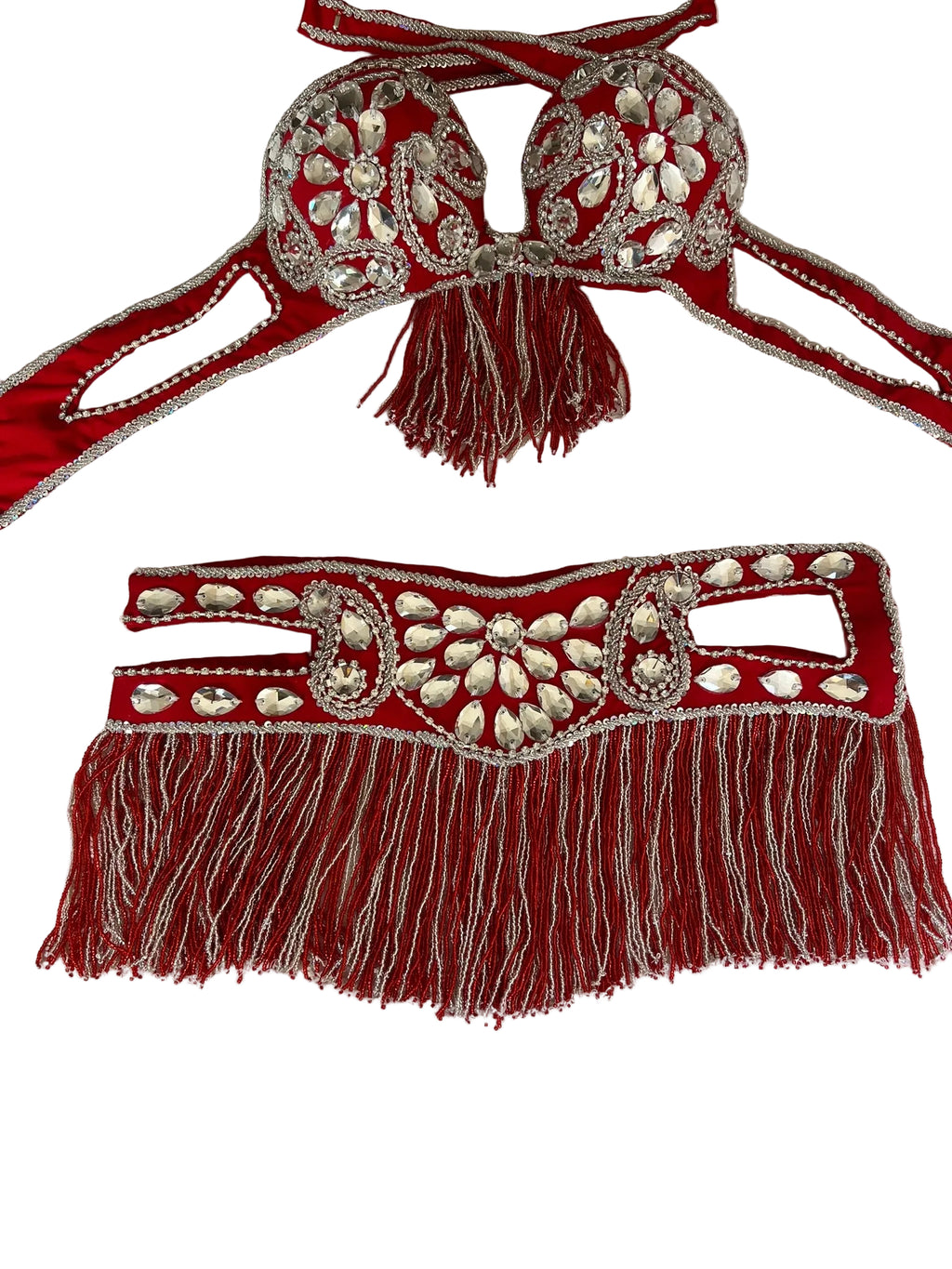 Professional Egyptian Belly Dance Belt & Bra – Hot Red Custom‑Made Embellished Dance Set