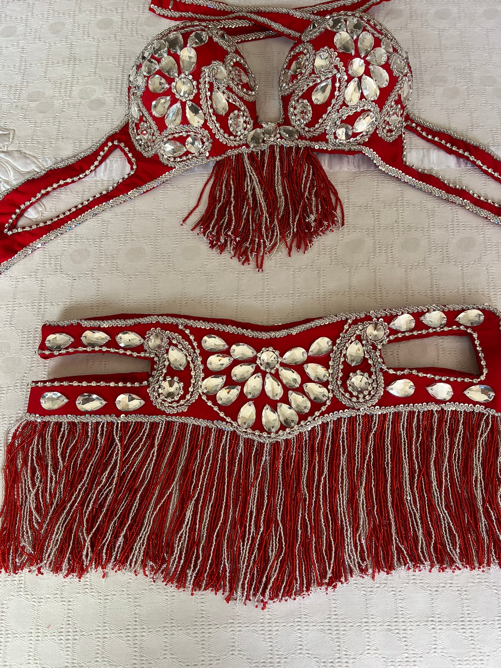 Professional Egyptian Belly Dance Belt & Bra – Hot Red Custom‑Made Embellished Dance Set