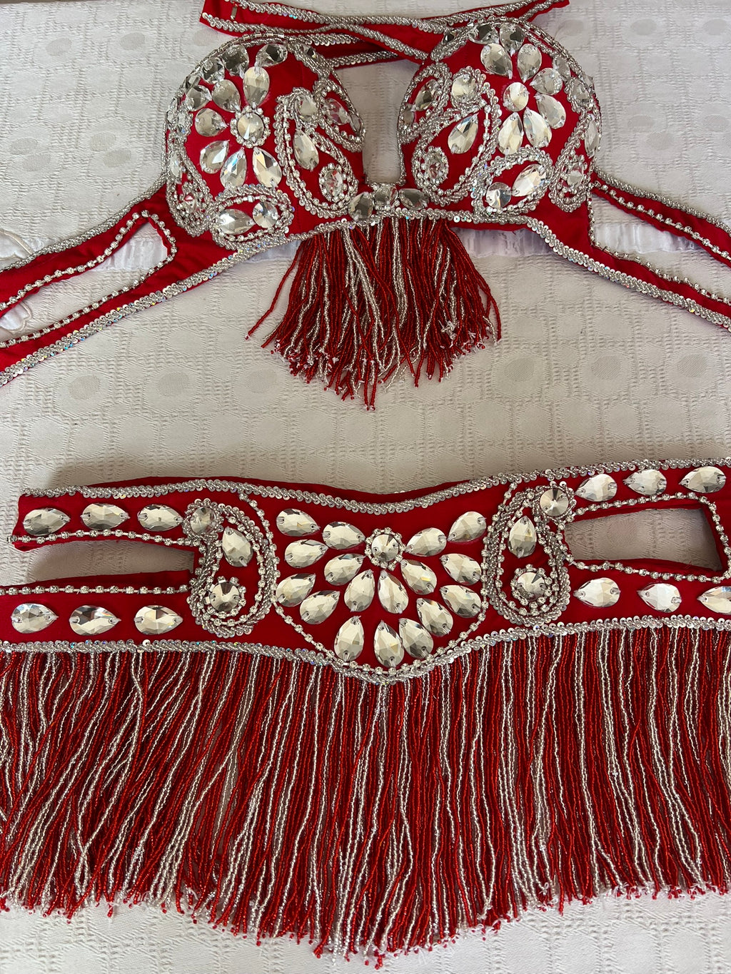 Professional Egyptian Belly Dance Belt & Bra – Hot Red Custom‑Made Embellished Dance Set