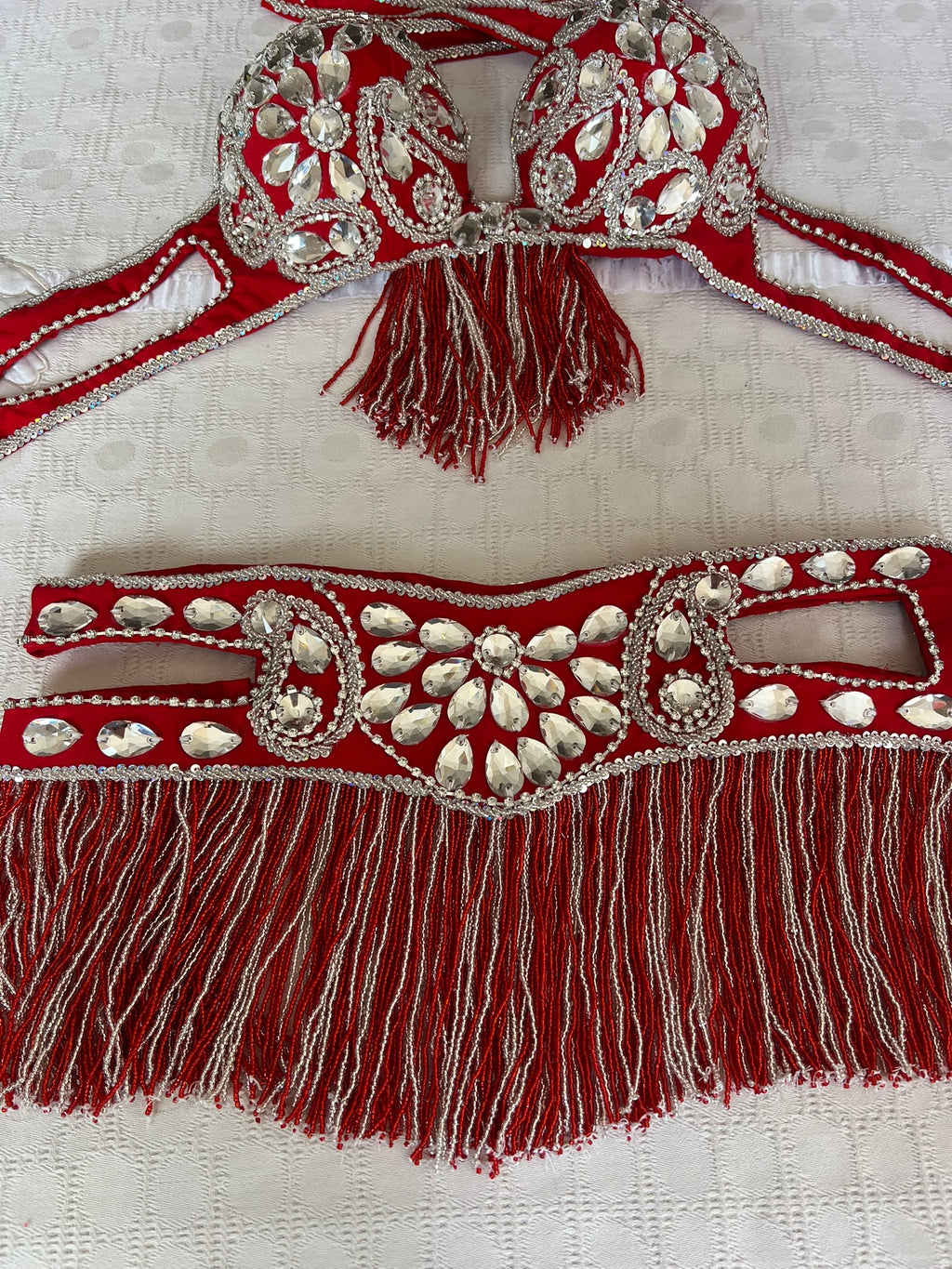 Professional Egyptian Belly Dance Belt & Bra – Hot Red Custom‑Made Embellished Dance Set