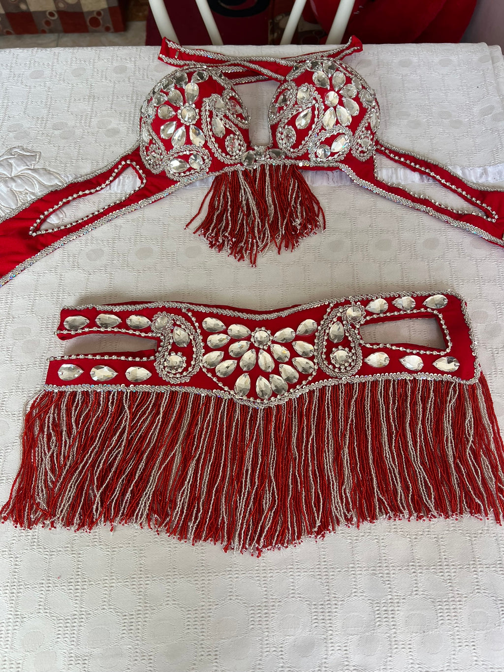 Professional Egyptian Belly Dance Belt & Bra – Hot Red Custom‑Made Embellished Dance Set