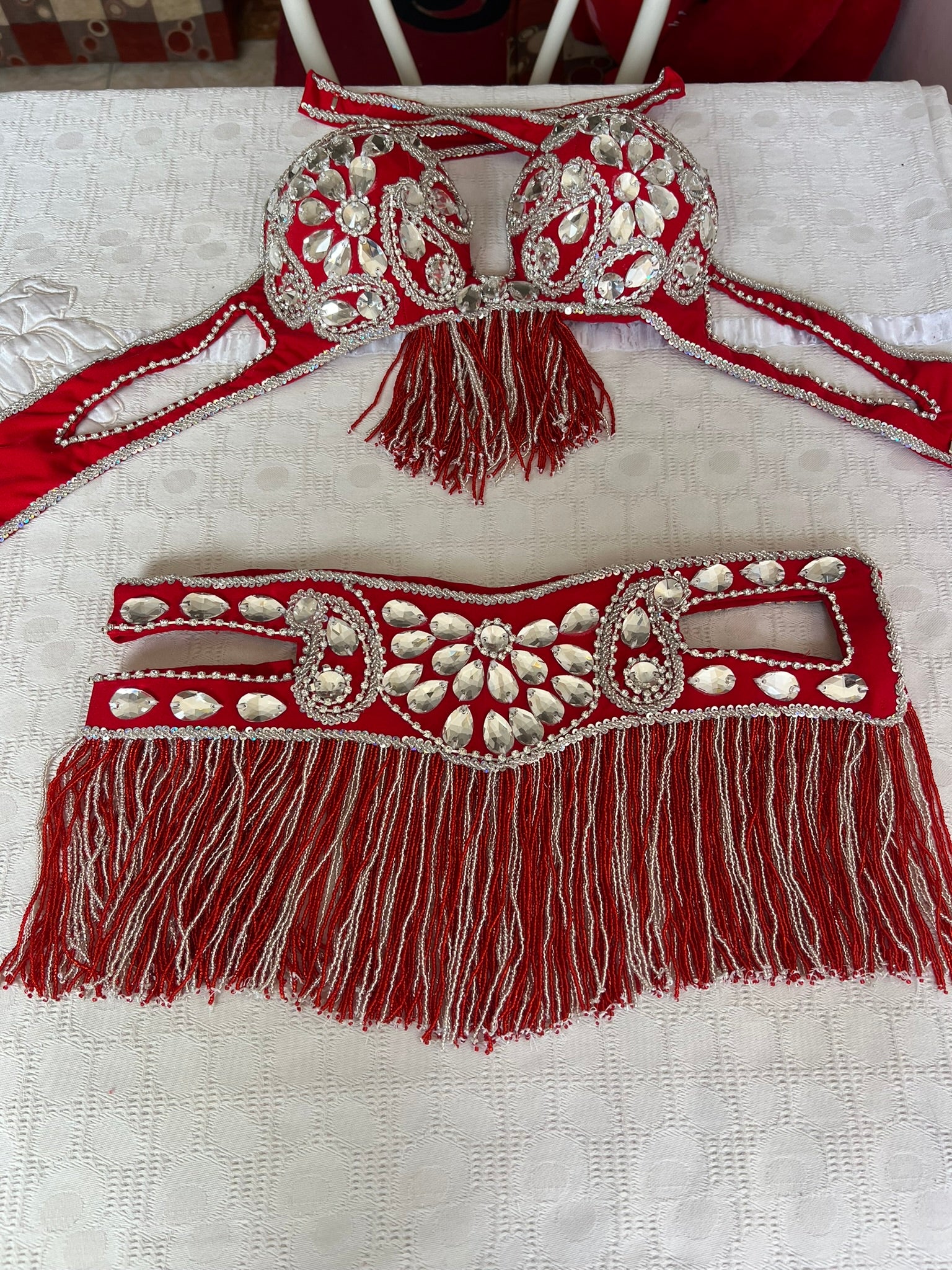 Professional Egyptian Belly Dance Belt & Bra – Hot Red Custom‑Made Embellished Dance Set