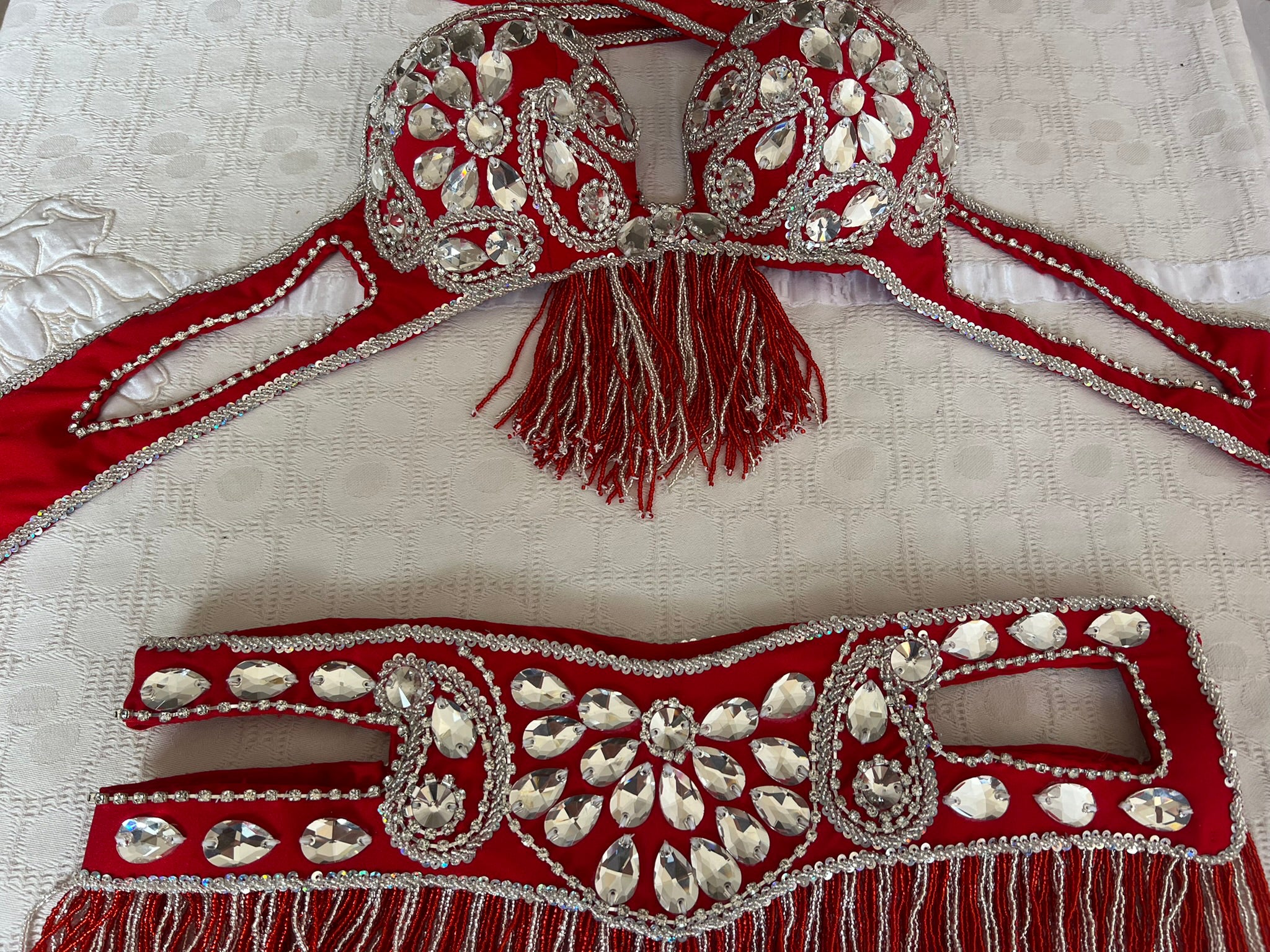 Professional Egyptian Belly Dance Belt & Bra – Hot Red Custom‑Made Embellished Dance Set