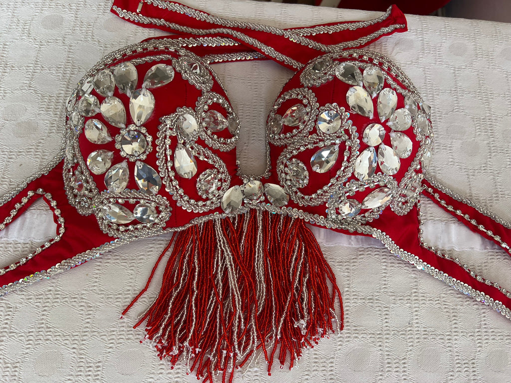 Professional Egyptian Belly Dance Belt & Bra – Hot Red Custom‑Made Embellished Dance Set