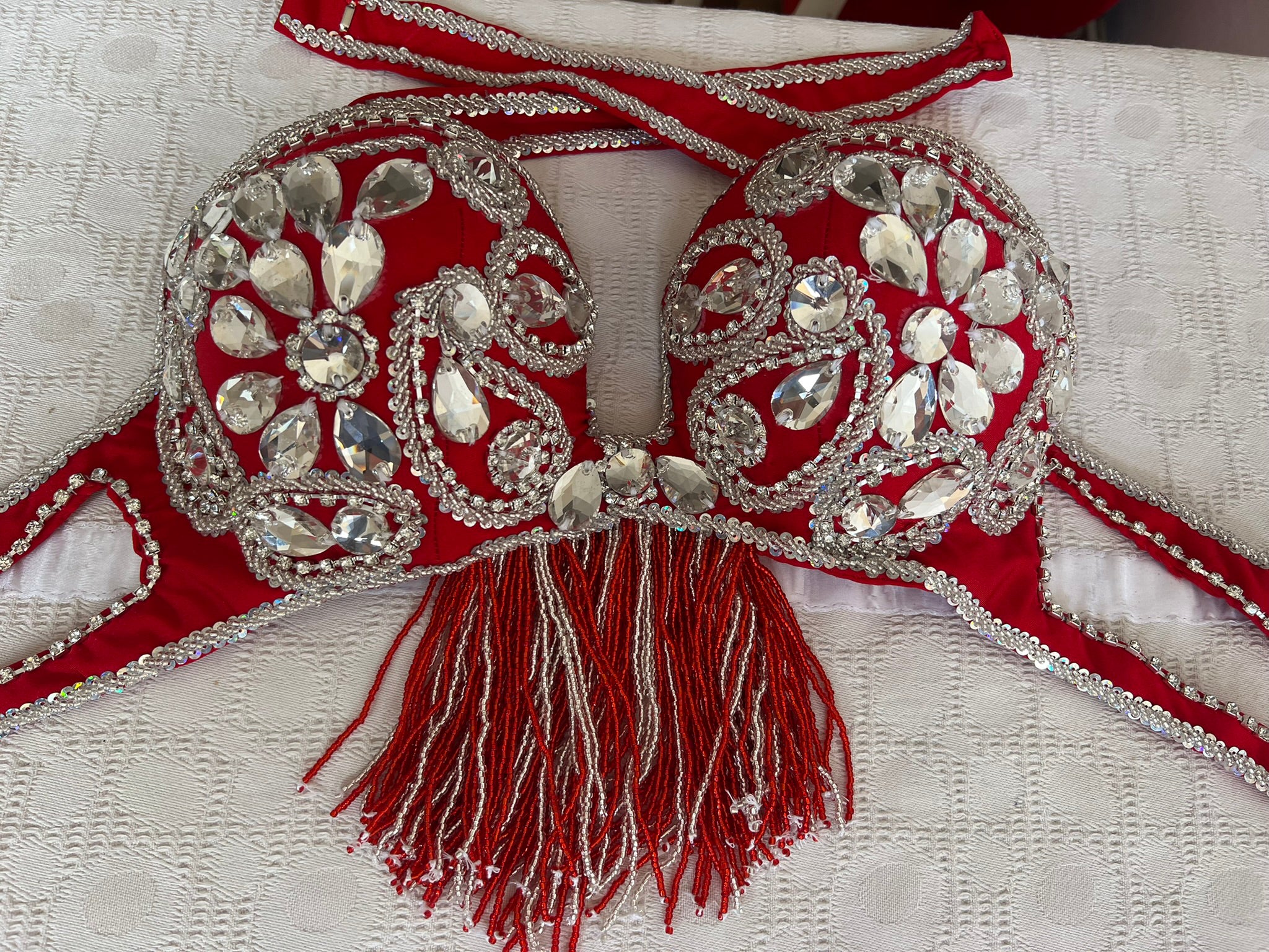 Professional Egyptian Belly Dance Belt & Bra – Hot Red Custom‑Made Embellished Dance Set