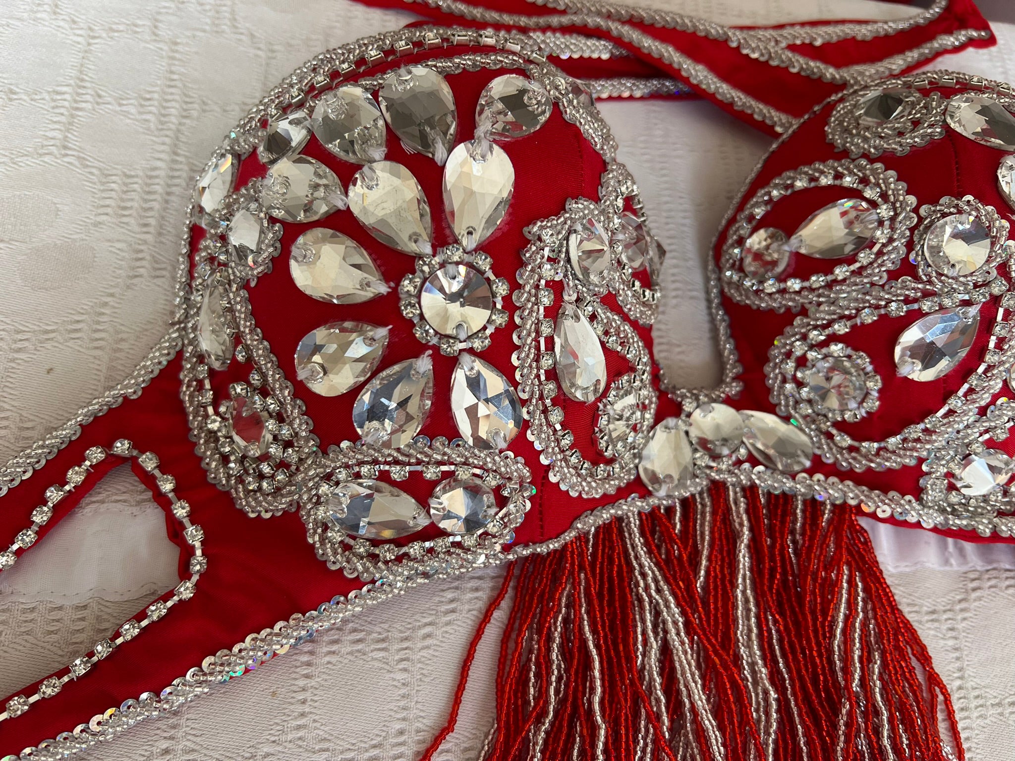Professional Egyptian Belly Dance Belt & Bra – Hot Red Custom‑Made Embellished Dance Set