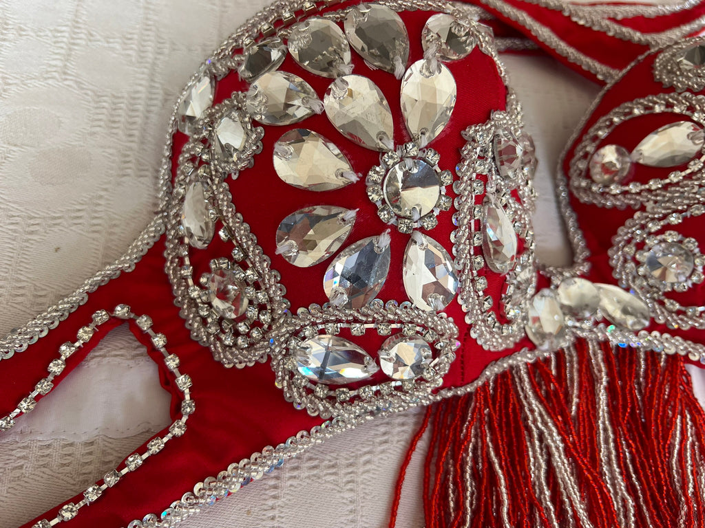 Professional Egyptian Belly Dance Belt & Bra – Hot Red Custom‑Made Embellished Dance Set