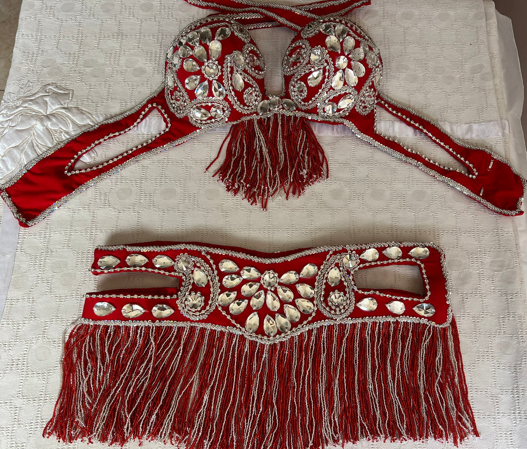 Professional Egyptian Belly Dance Belt & Bra – Hot Red Custom‑Made Embellished Dance Set