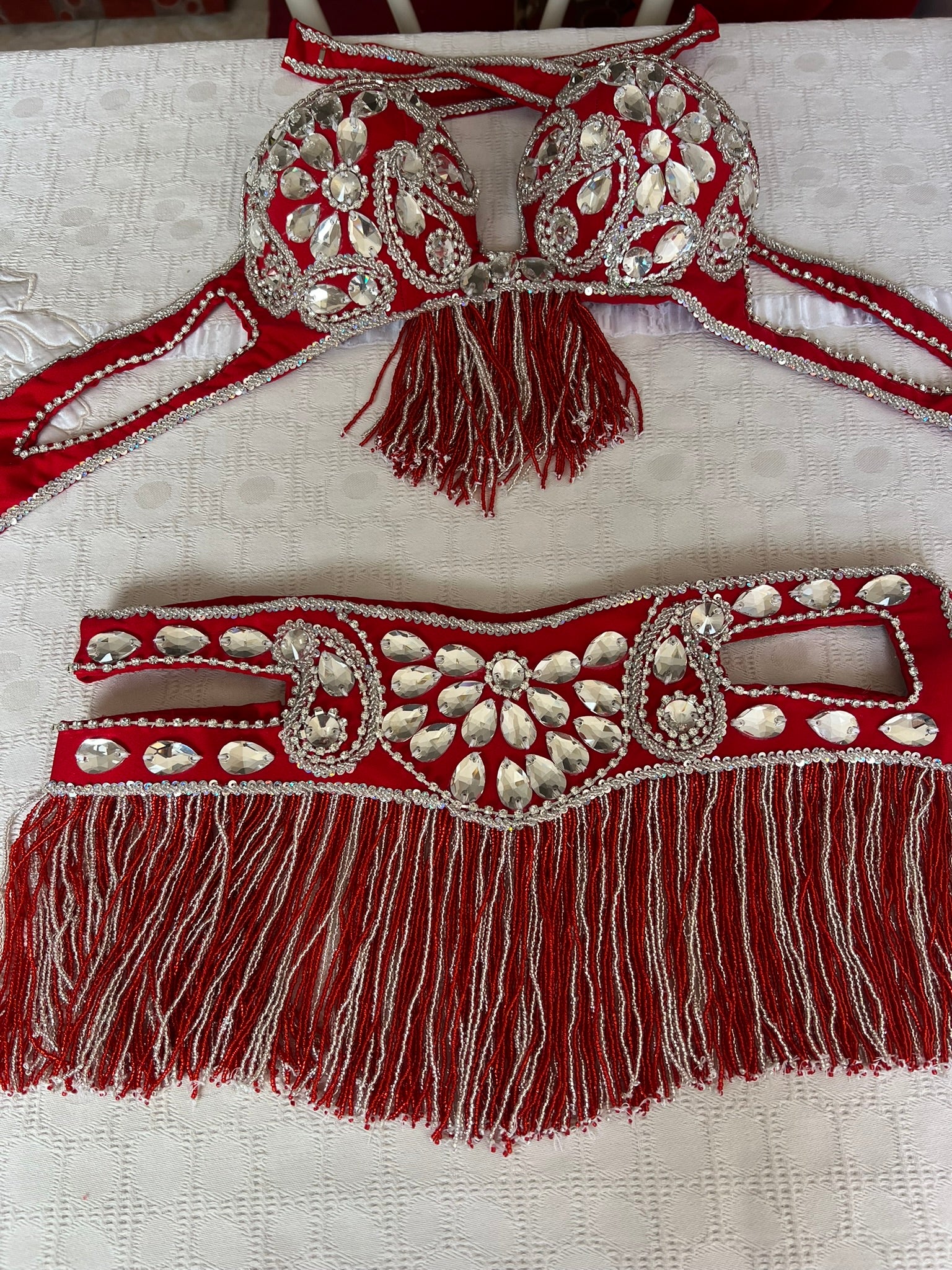 Professional Egyptian Belly Dance Belt & Bra – Hot Red Custom‑Made Embellished Dance Set