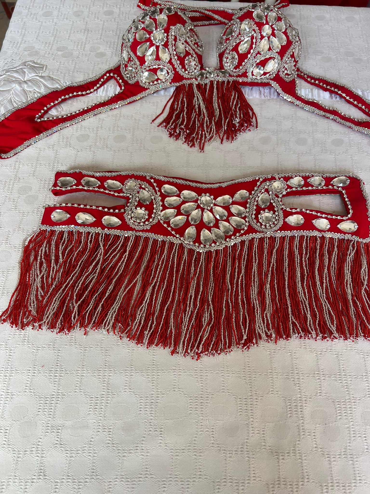 Professional Egyptian Belly Dance Belt & Bra – Hot Red Custom‑Made Embellished Dance Set