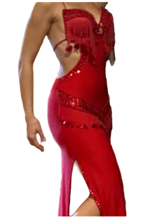 Red sequin dress with a cut-out design on a white background