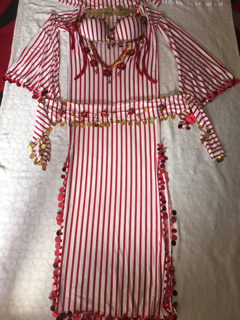 Red and white striped Belly dance garment with decorative trim on a white background
