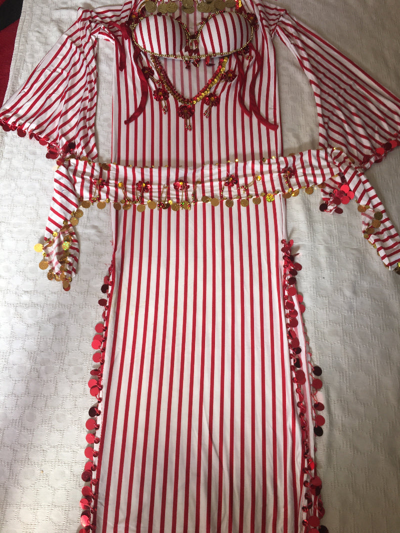 Red and white striped Belly dance garment with decorative trim on a white background