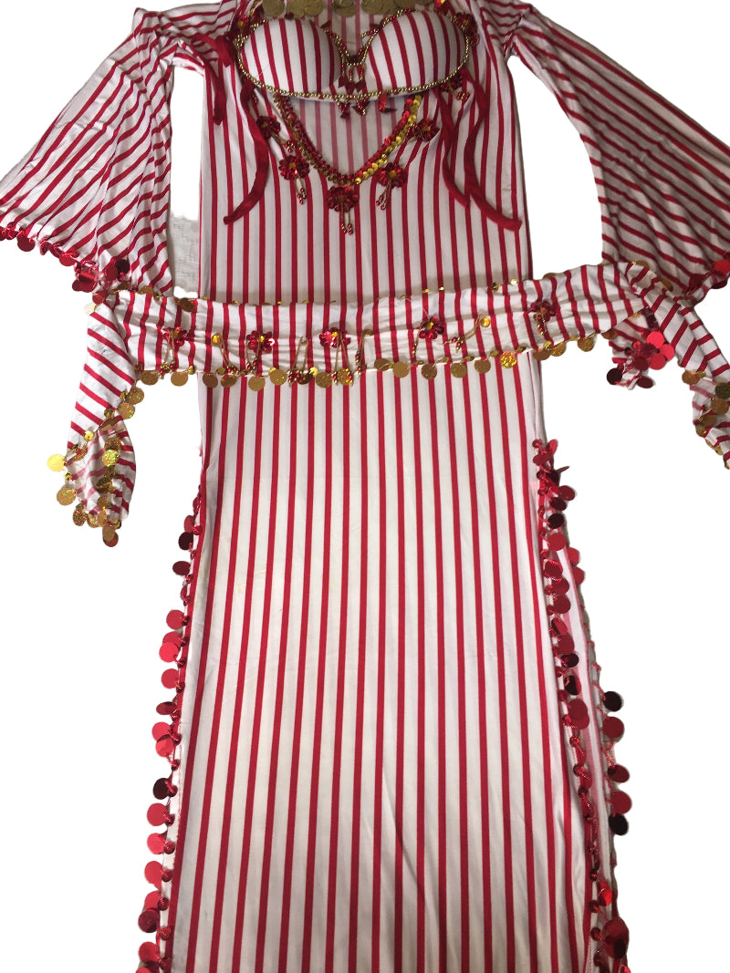 Red and white striped Belly dance garment with decorative trim on a white background