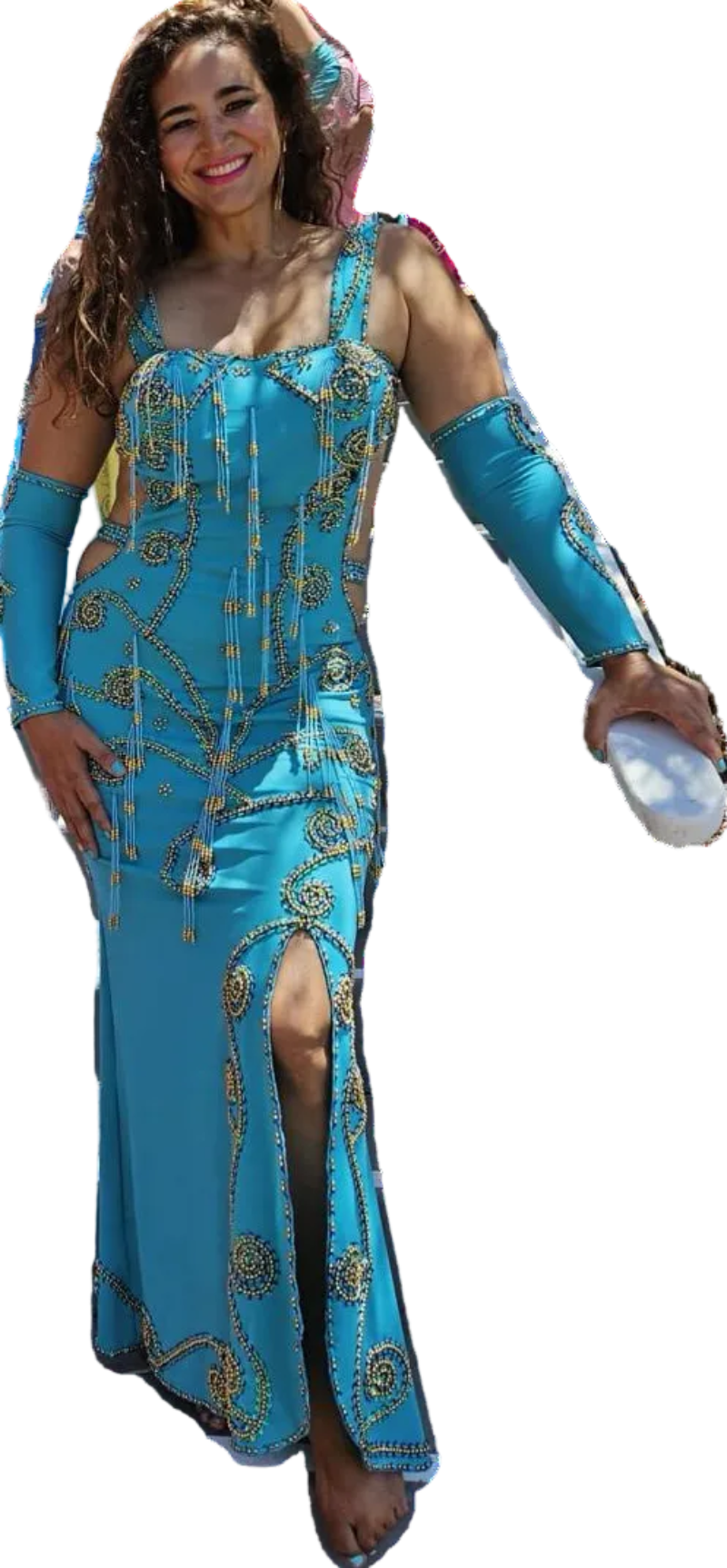 A woman wearing a custom-made blue belly dance costume with embroidered details, including a dress, two sleeves, and a headband.