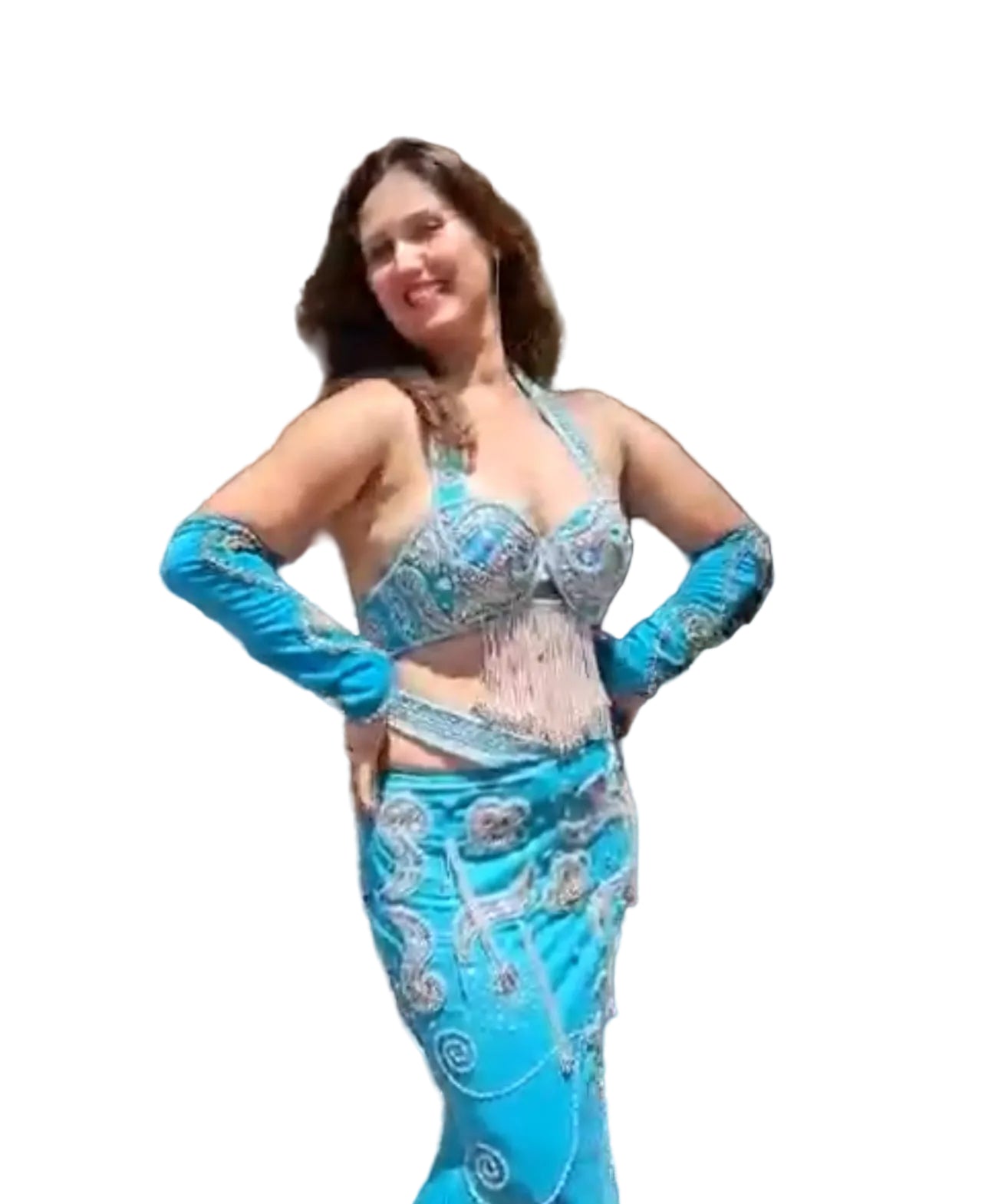 A person wearing a stunning turquoise blue Egyptian belly dance costume with embroidery, consisting of a skirt, bra, sleeves, and a headband.