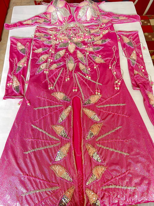 Authentic Egyptian Professional Belly dance costume / Hot shiny pink Handmade embellished belly dancer skirt and bra outfit/ Made to order dancing ensemble