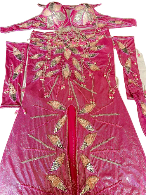 Pink embroidered outfit on a white surface