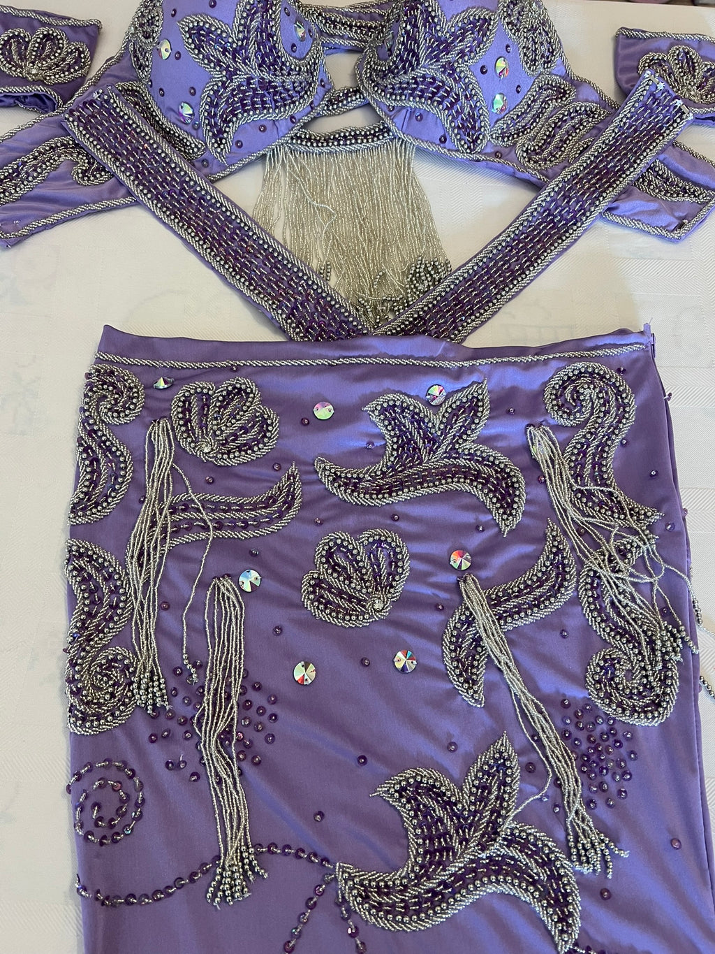 Purple embroidered belly dance dress with intricate patterns on a white background