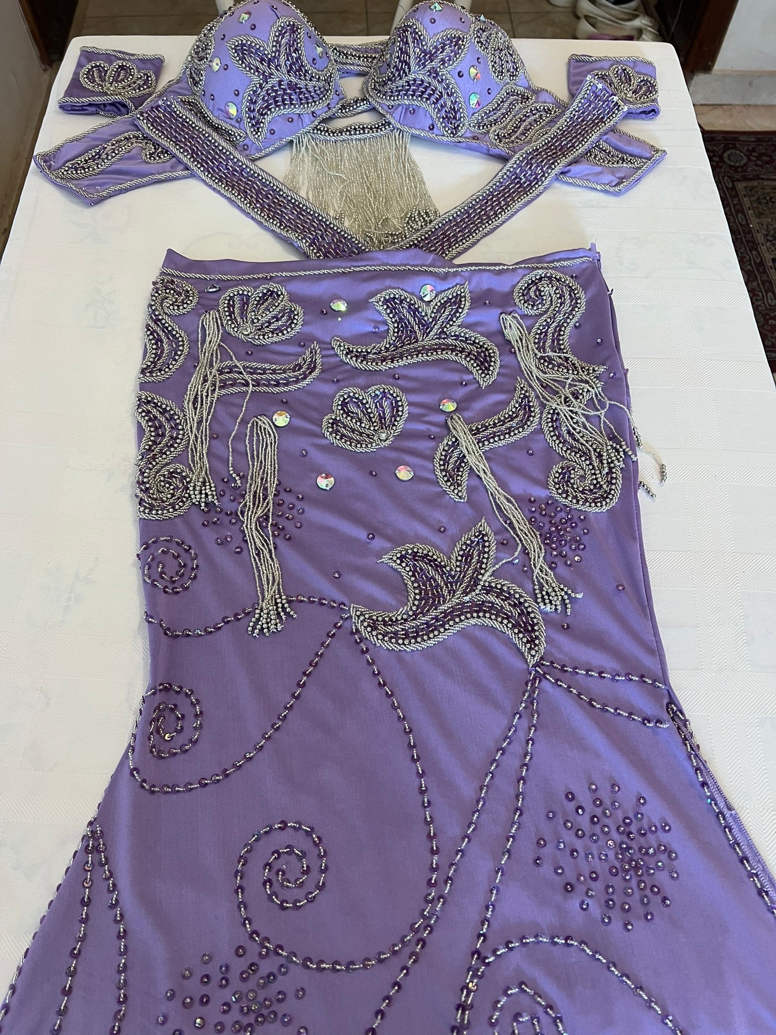 Lavender Purple Professional belly dance costume/ Handmade embellished Belly dancer skirt and bra outfit