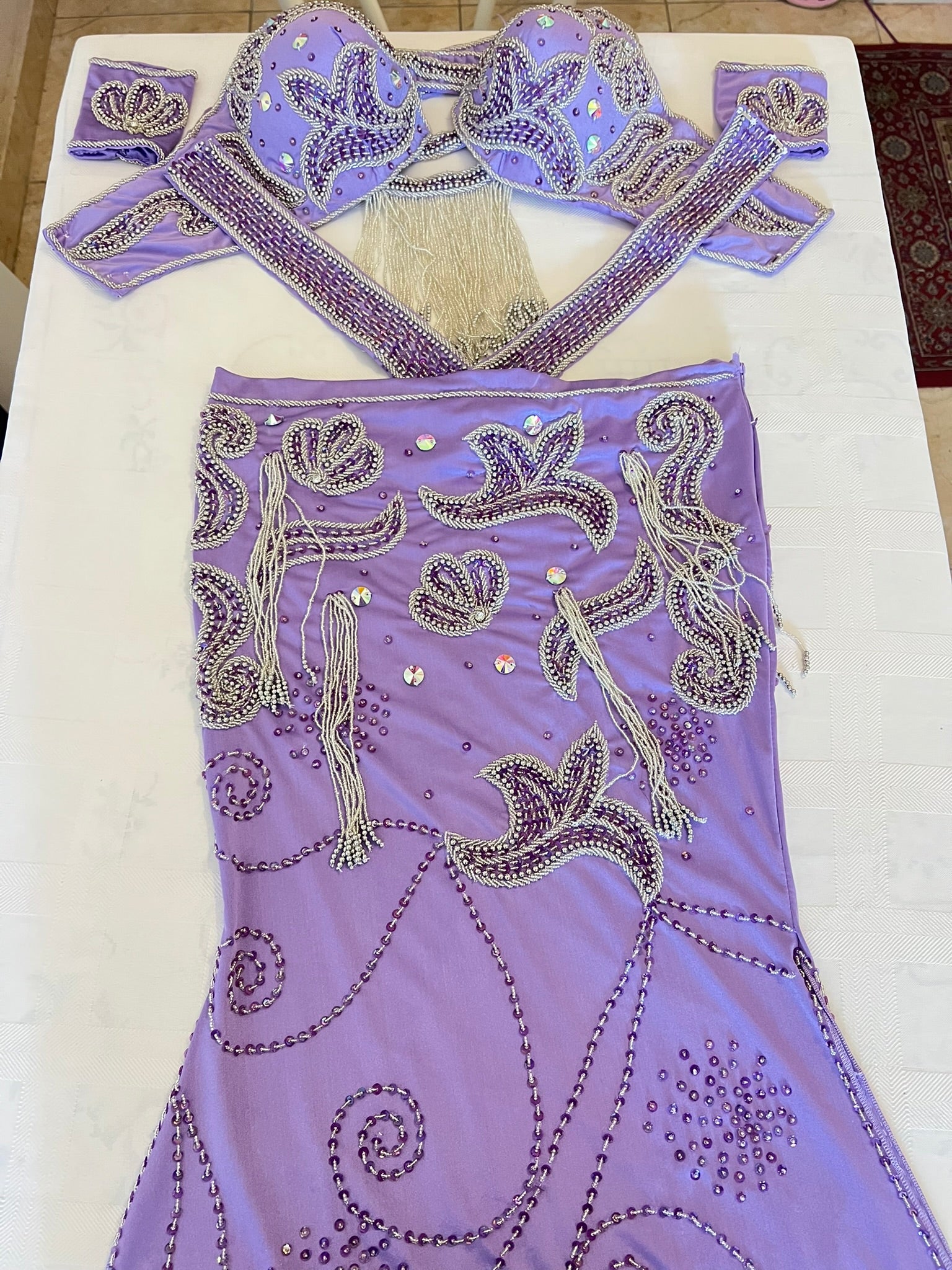 Lavender Purple Professional belly dance costume/ Handmade embellished Belly dancer skirt and bra outfit