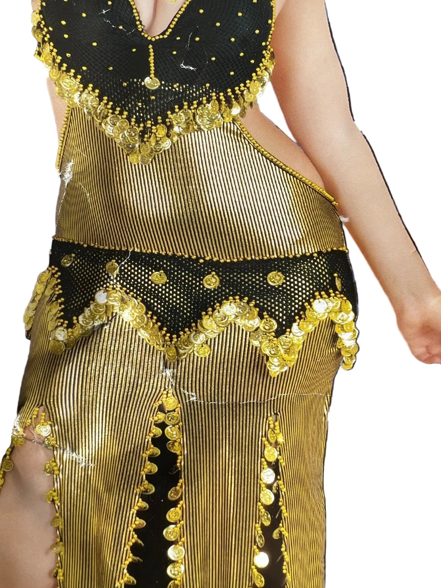 A belly dance costume featuring a black base with gold and multicolor embroidery and sequins. The costume includes a bra and is designed for oriental dance styles.