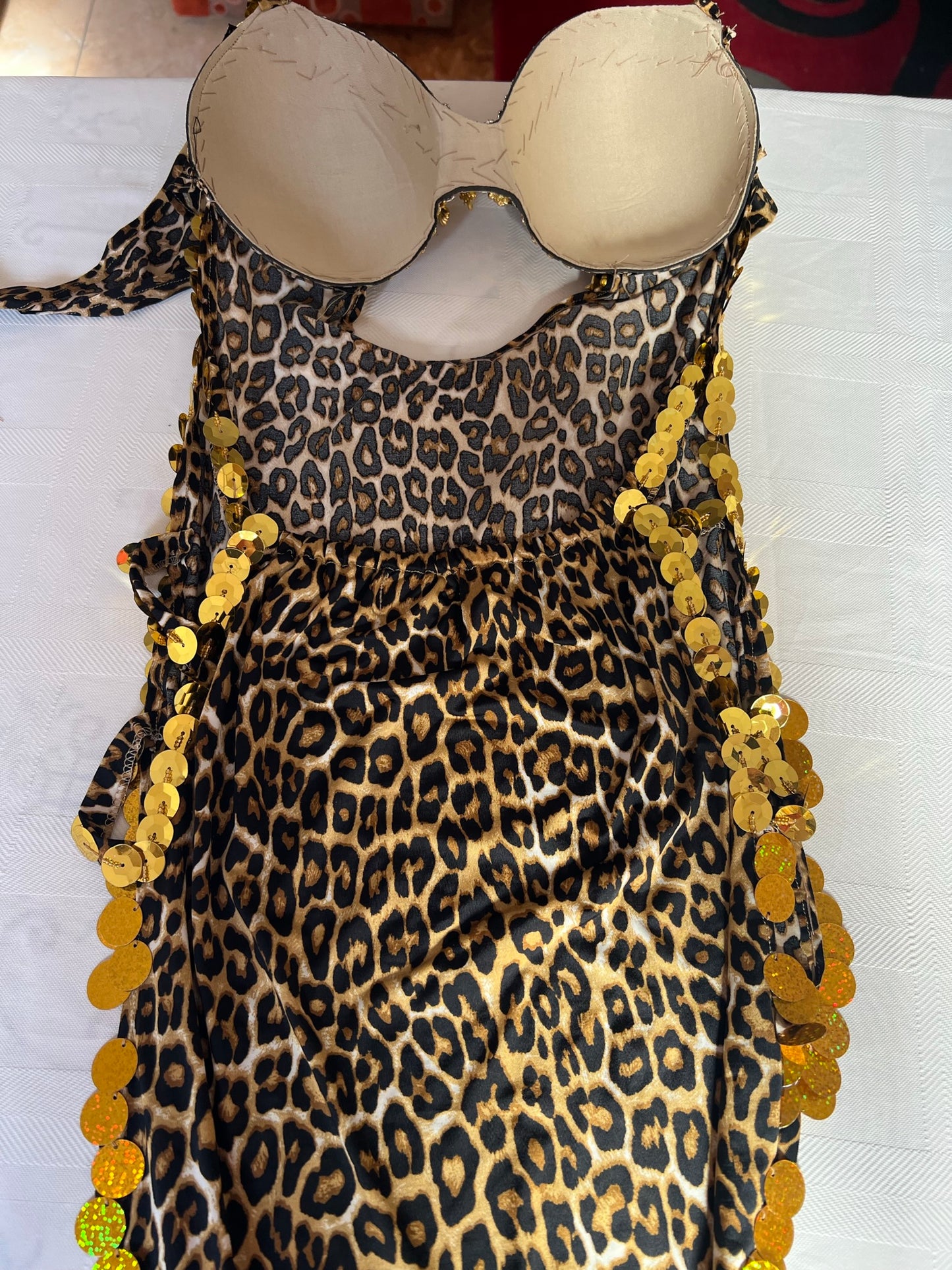 Sexy Bauchtanz-Outfit mit Leopardenmuster und Stickereien, sexy Dessous für den orientalischen Tanz.