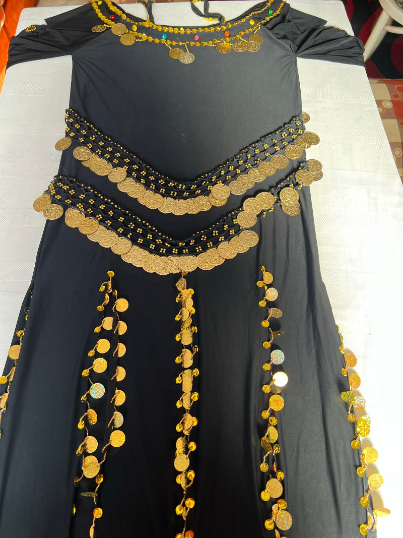 a black and gold belly dance dress with sheer sleeves on a white background