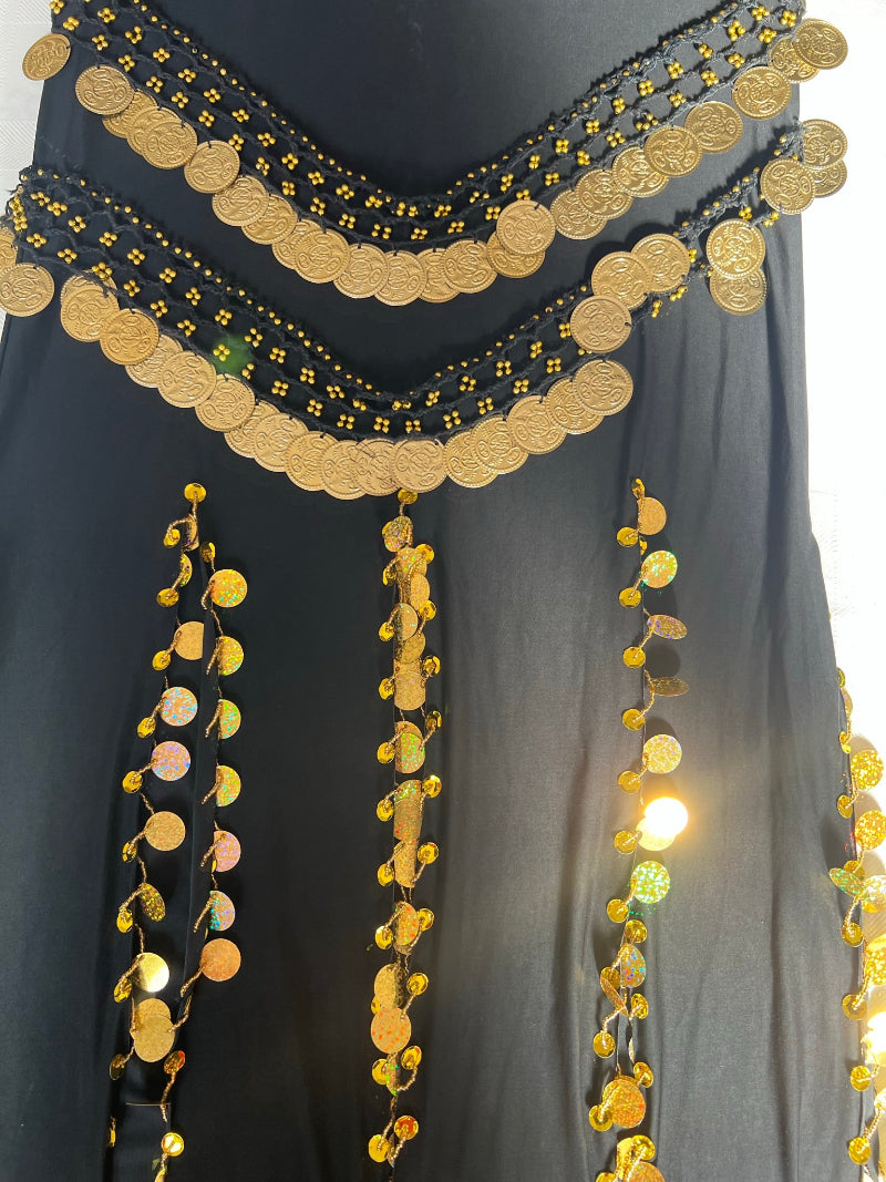 a black and gold belly dance dress with sheer sleeves on a white background