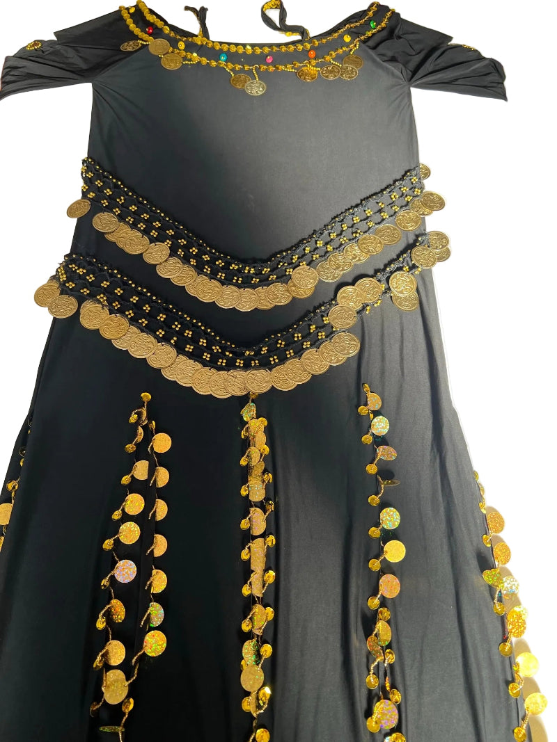 a black and gold belly dance dress with sheer sleeves on a white background
