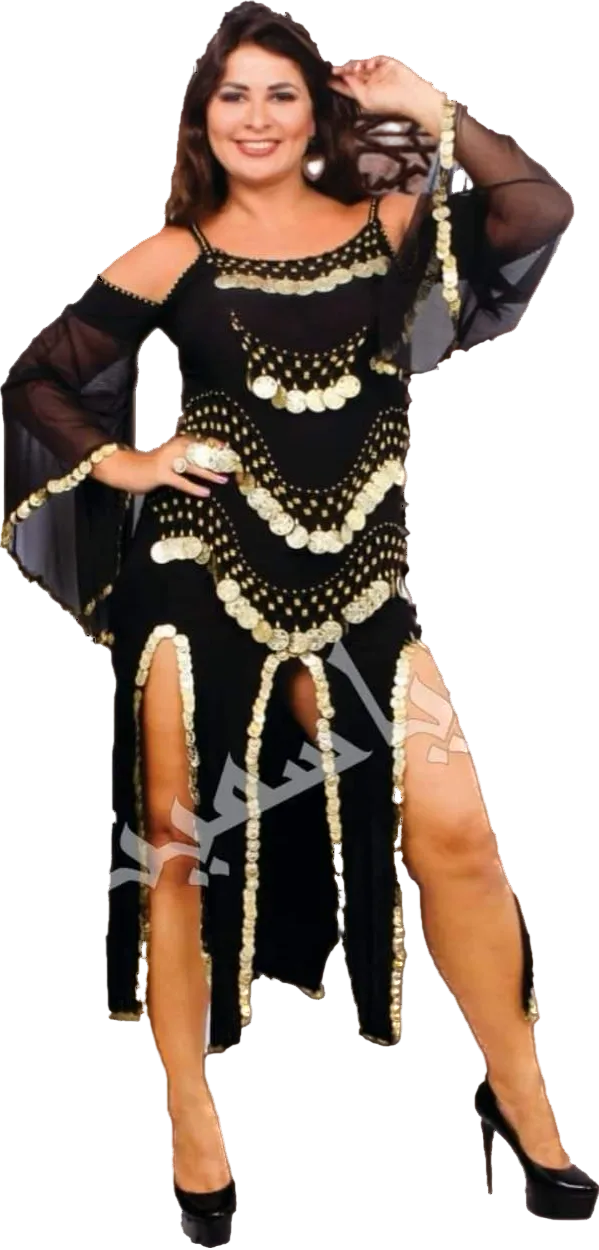 Woman wearing a black and gold belly dance dress with sheer sleeves on a white background