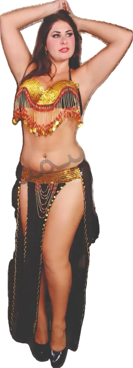Woman in a gold and black costume with a sheer overlay on a white background