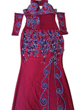 A professional belly dance costume consisting of a red one-piece dress with blue embroidery, a tulle fabric connecting the skirt and bra, and includes a pair of sleeves and a headband.