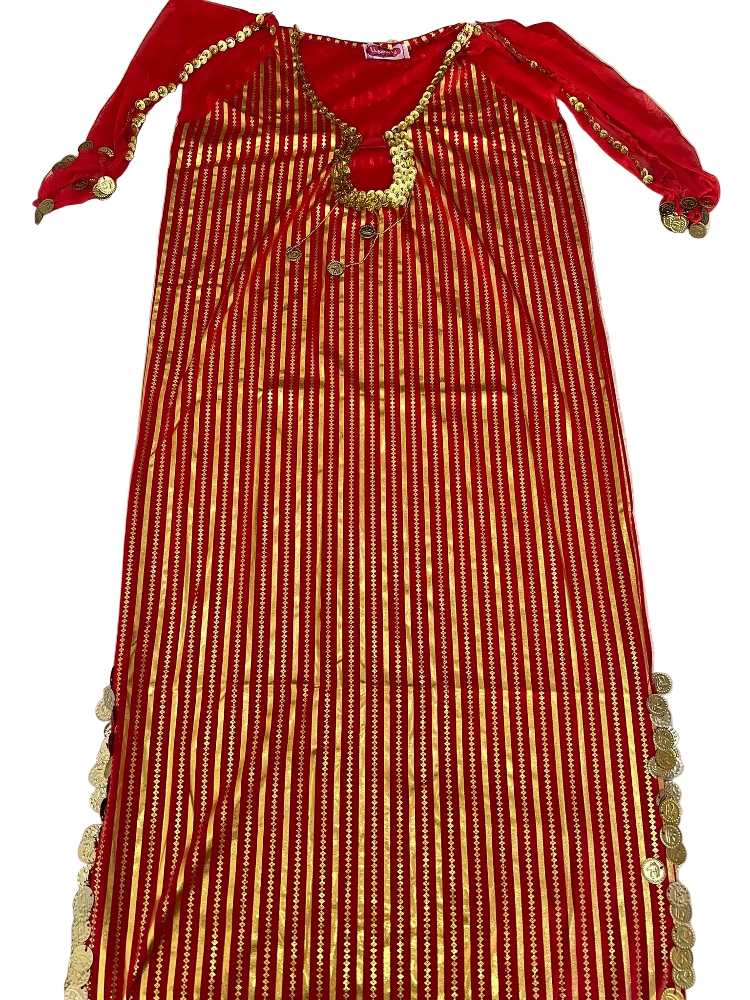 Red and gold striped garment with decorative elements on a white surface