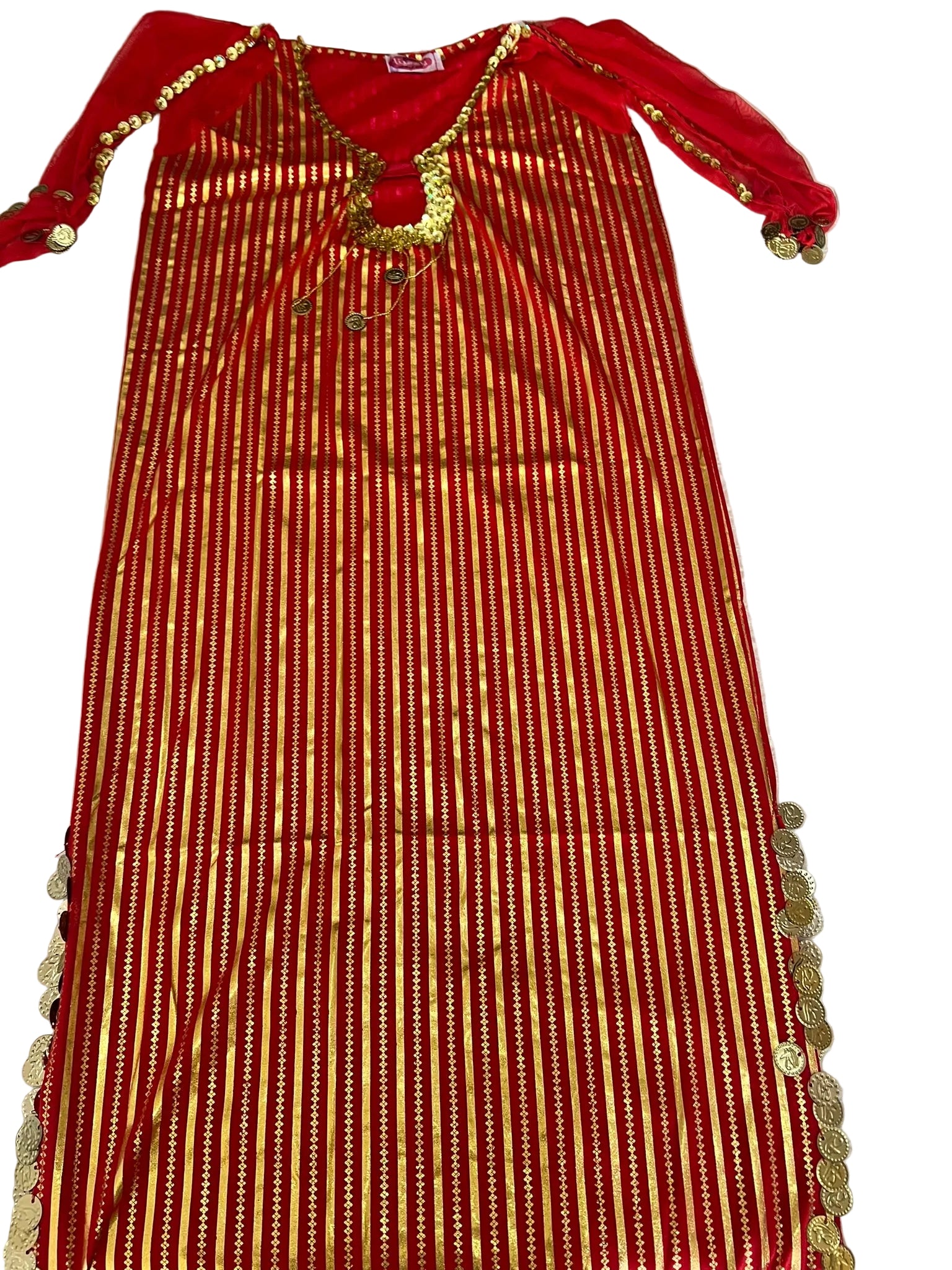 Red and gold traditional dress with decorative elements on a white surface