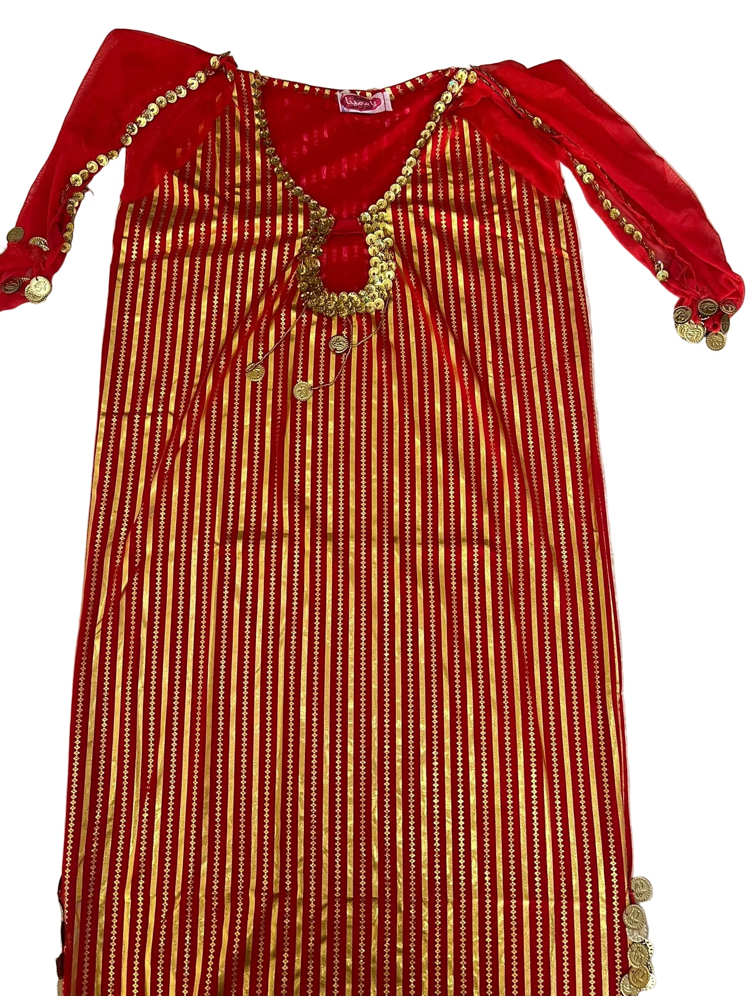 Red and gold traditional outfit with decorative elements on a white surface