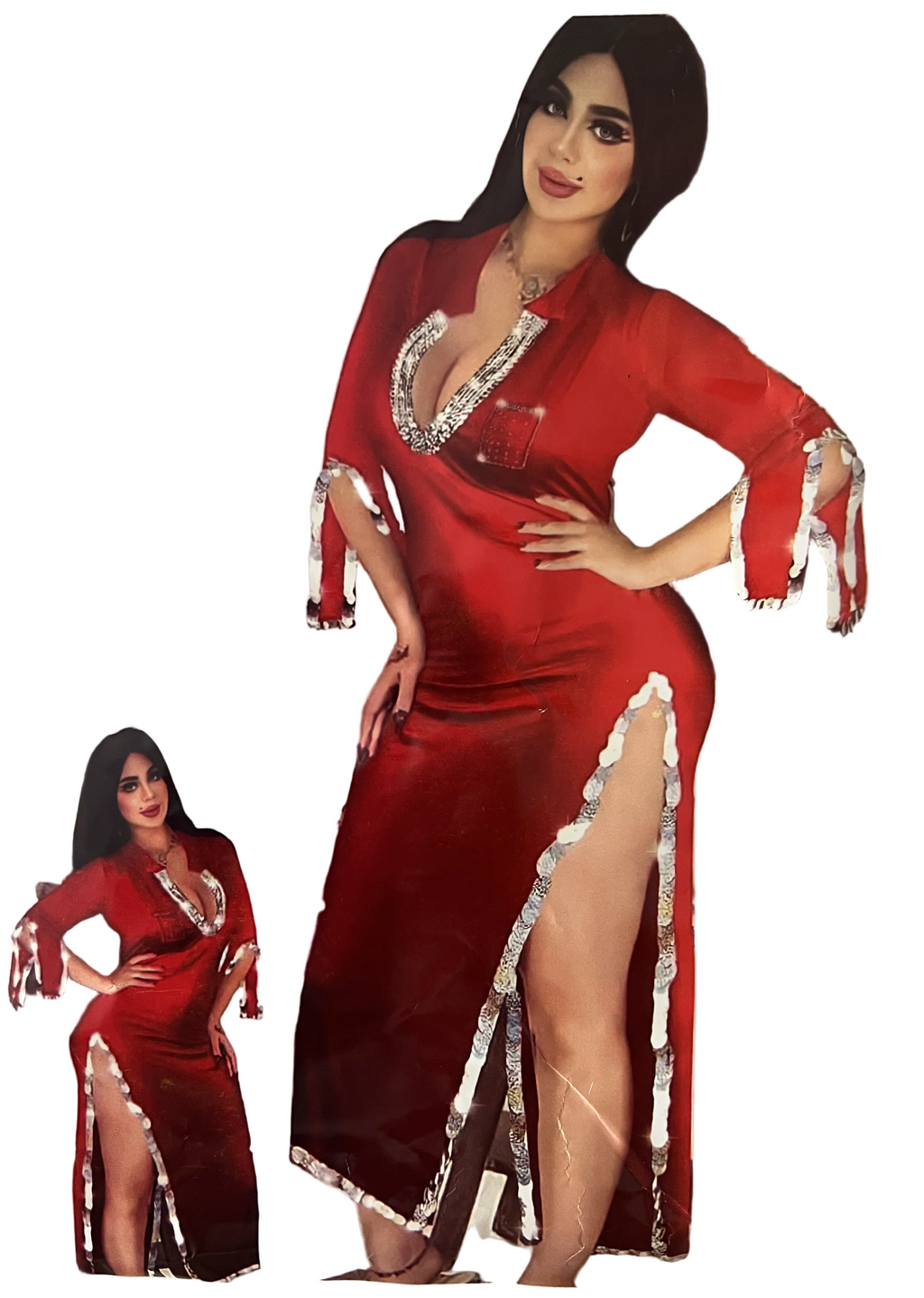 Red evening gown with white embellishments on a Sara Lingerie packaging.