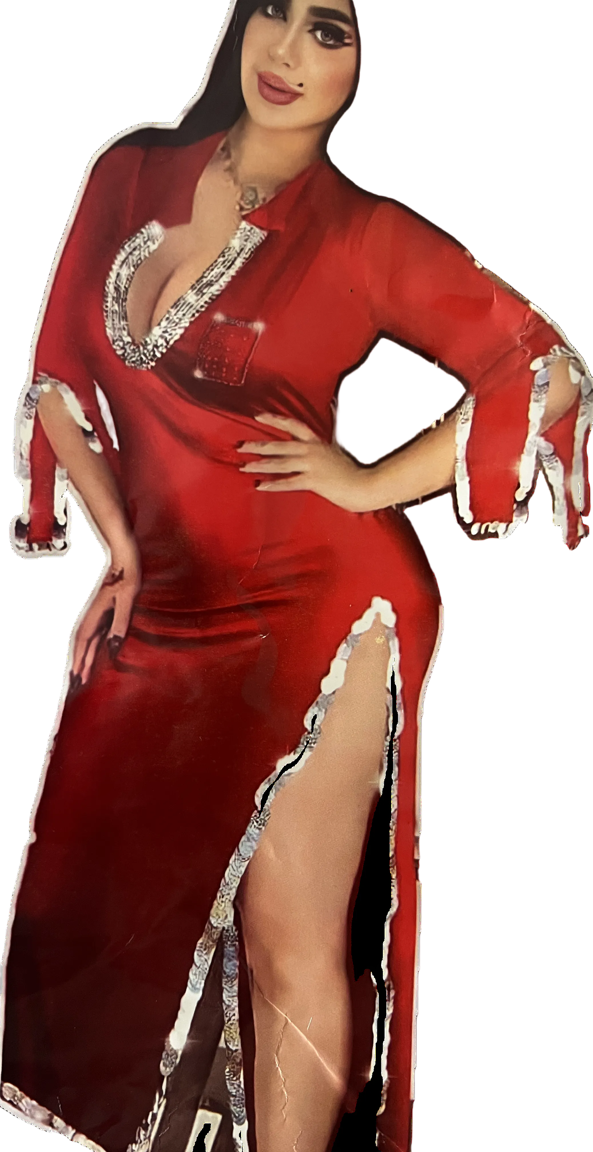 Red dress with intricate detailing on a white background